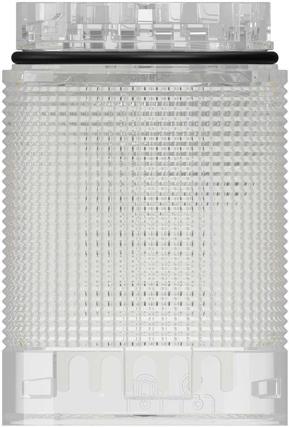 Transparent textured cylindrical device with a black ring near the top and white base, shown front view on a plain background.