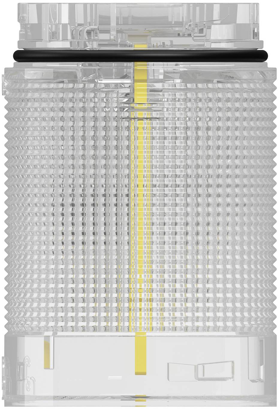 Translucent cylindrical electronic component with a yellow vertical strip inside and a black band near the top, shown against a white background.