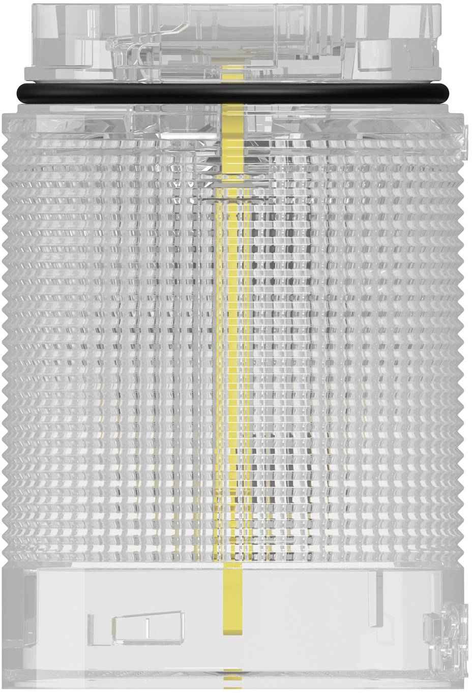 Transparent cylindrical LED beacon with a vertical yellow light strip, shown as a technical product illustration on a white background.