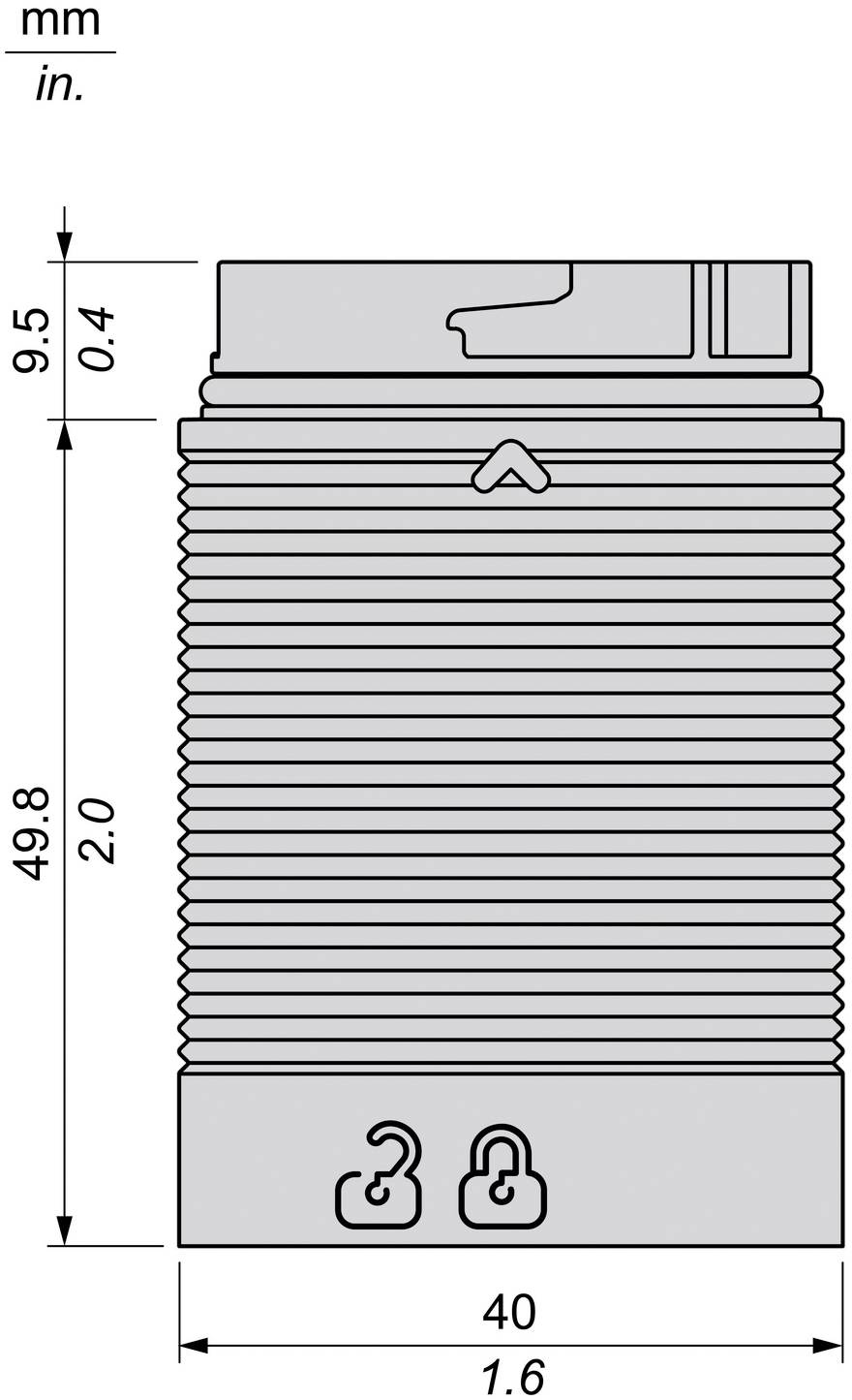 Technical dimension drawing of a cylindrical threaded component, showing height 49.8 mm (2.0 in), top section 9.5 mm (0.4 in), and 40 mm (1.6 in) width.<br>