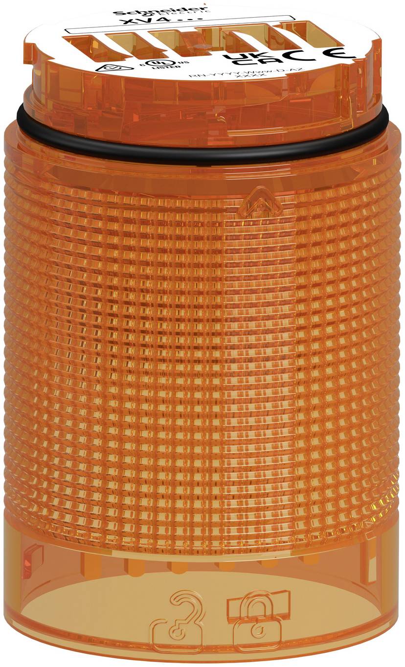 Orange cylindrical warning beacon light with translucent ribbed lens and white top, shown on a plain background.<br>