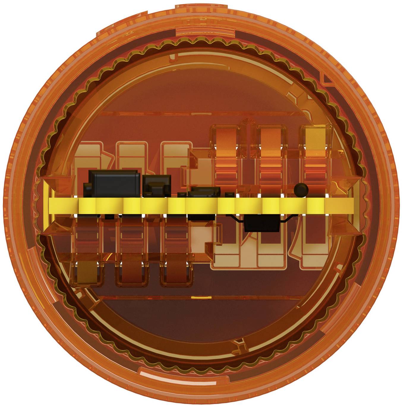 Orange circular mechanical cross-section with layered internal components and a horizontal yellow bar through the center<br>
