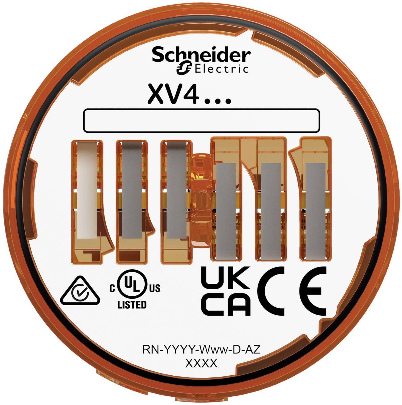 Close-up of a Schneider Electric XV4... industrial device label with certification logos and model code RN-YYYY-Www-D-AZ XXXX.
