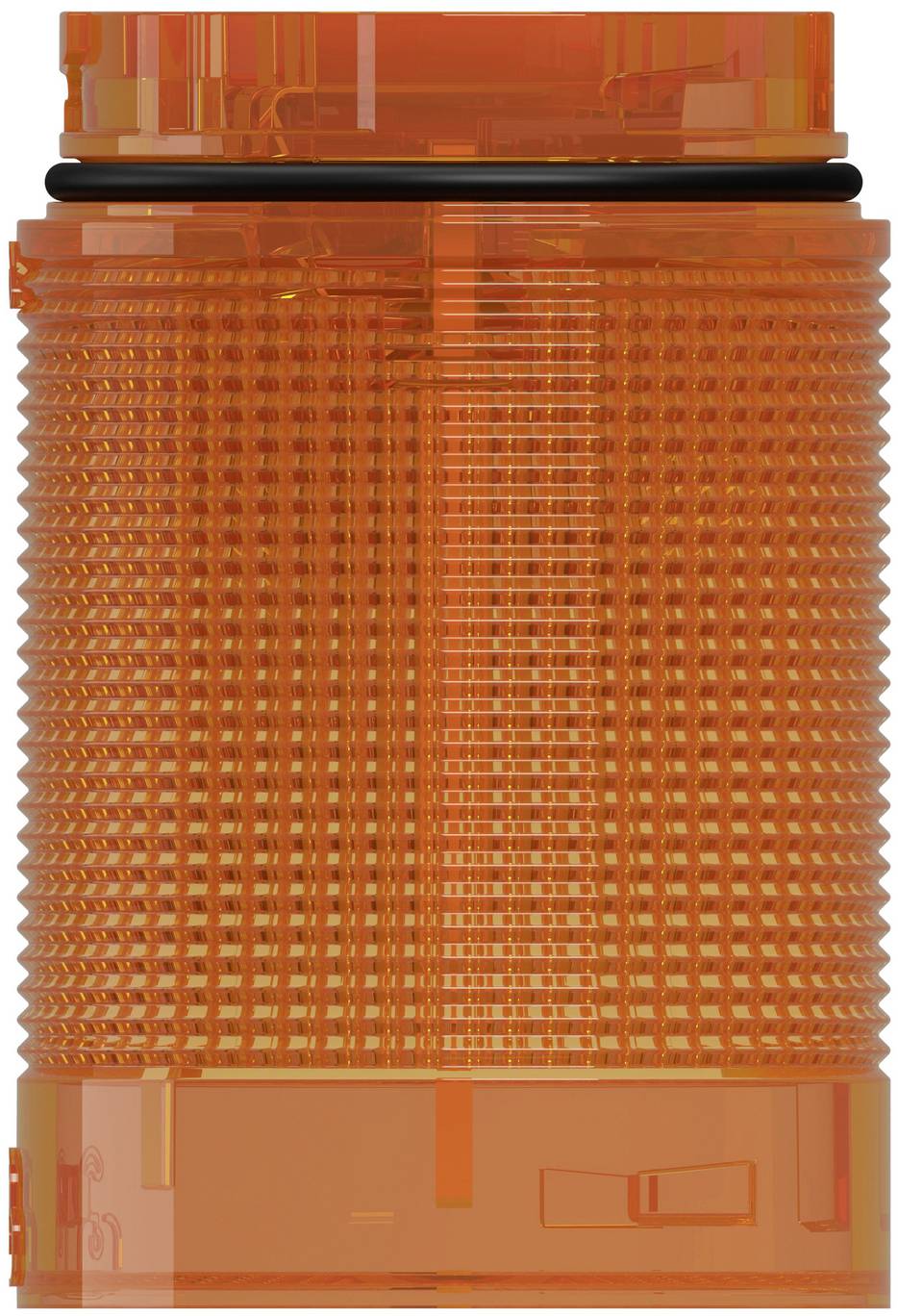 Orange translucent ribbed cylindrical warning light beacon with black band and flat top and base, shown against a white background.