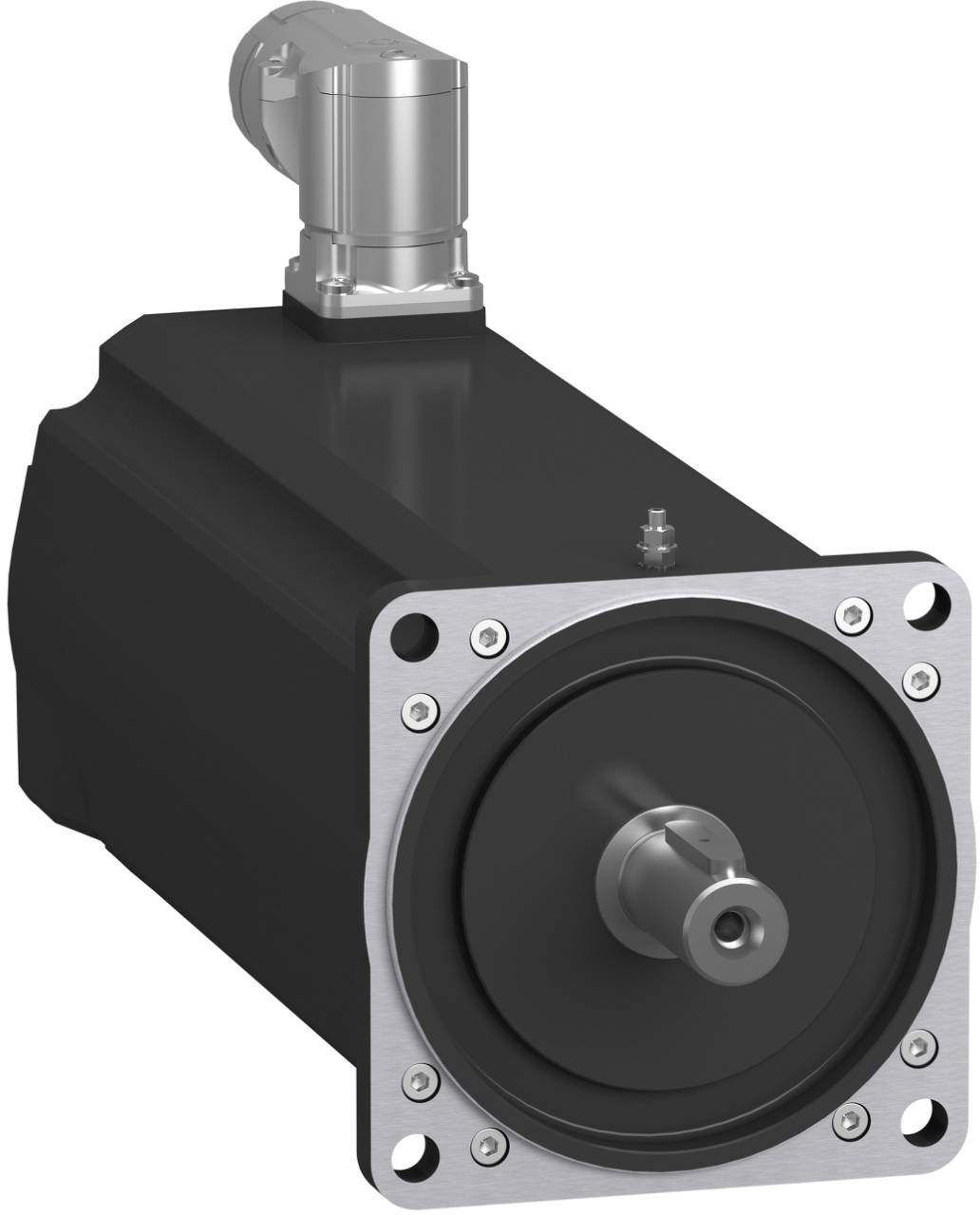 Industrial electric motor with black rectangular housing, front shaft, and silver mounting flange shown on a white background.