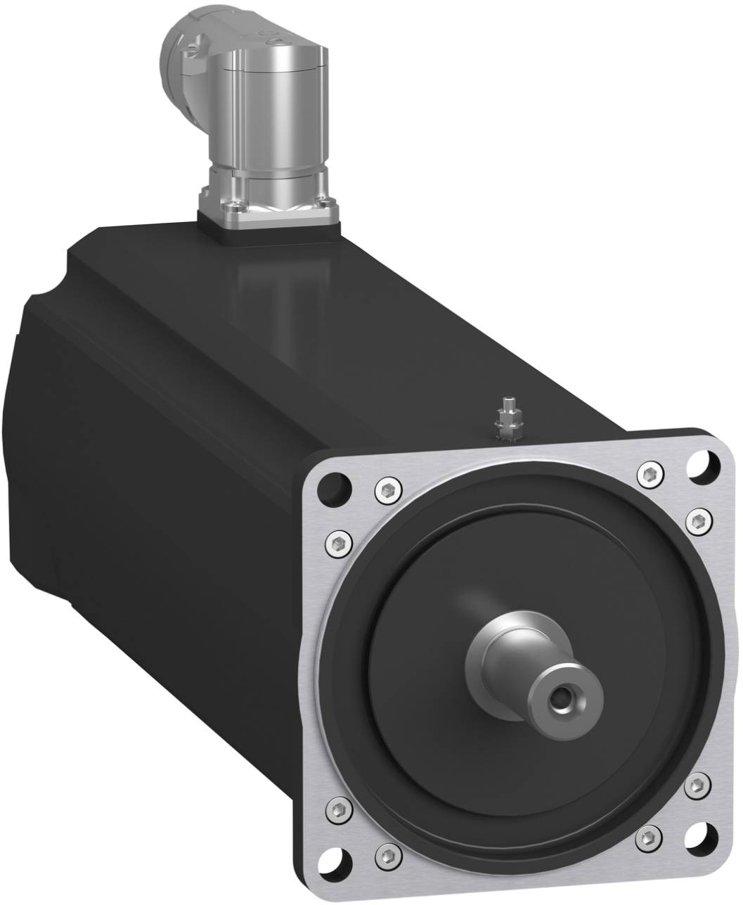 Industrial servo motor with black housing, silver front flange, and protruding central shaft on a white background.