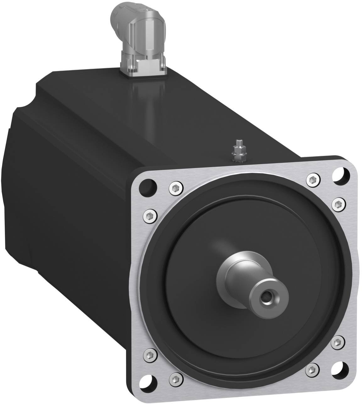 Industrial electric servo motor with square front flange and protruding shaft, shown on a white background.