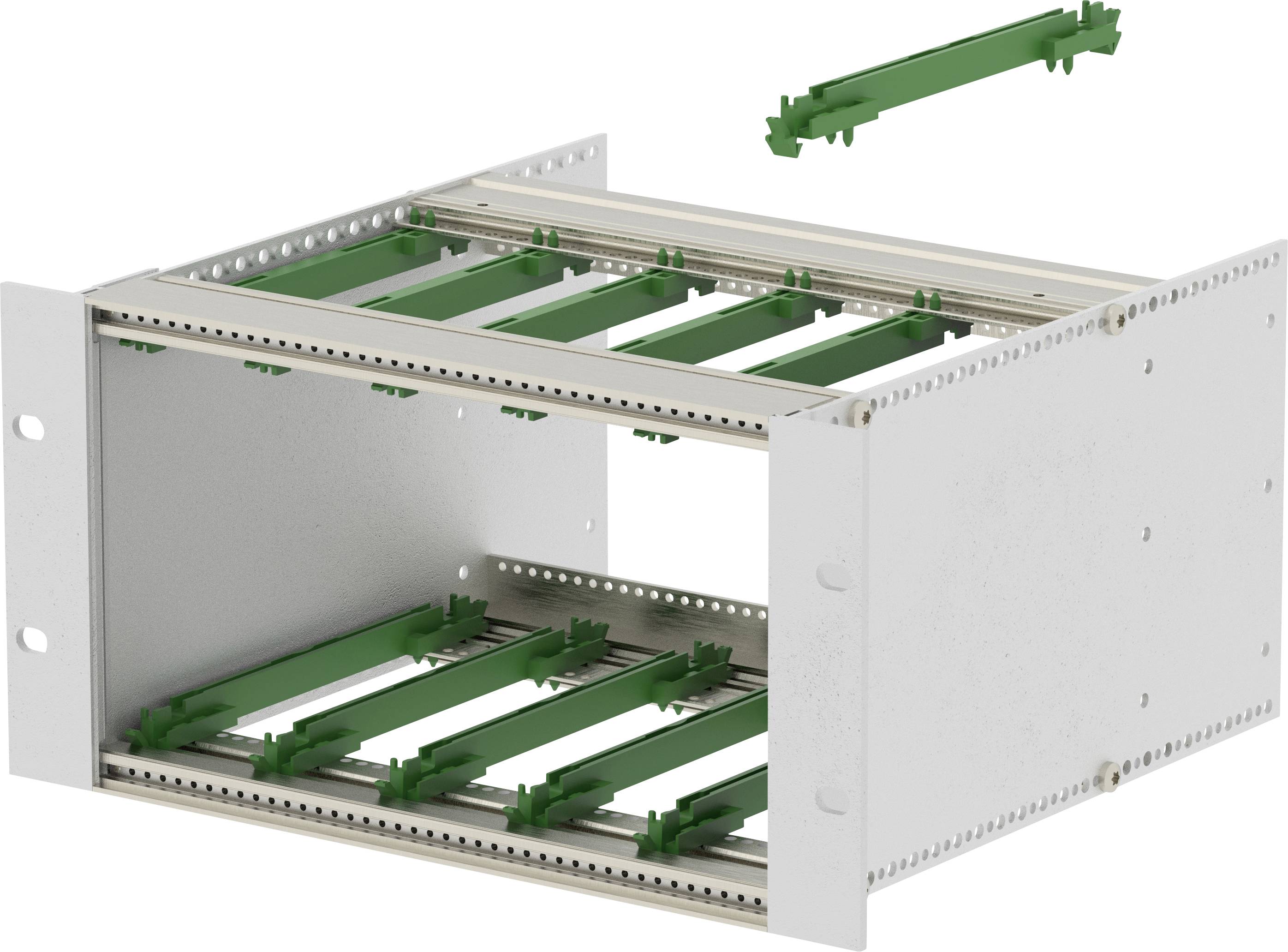 Open metal equipment rack enclosure with green sliding mounting rails inside and one rail piece floating above, shown on a white background