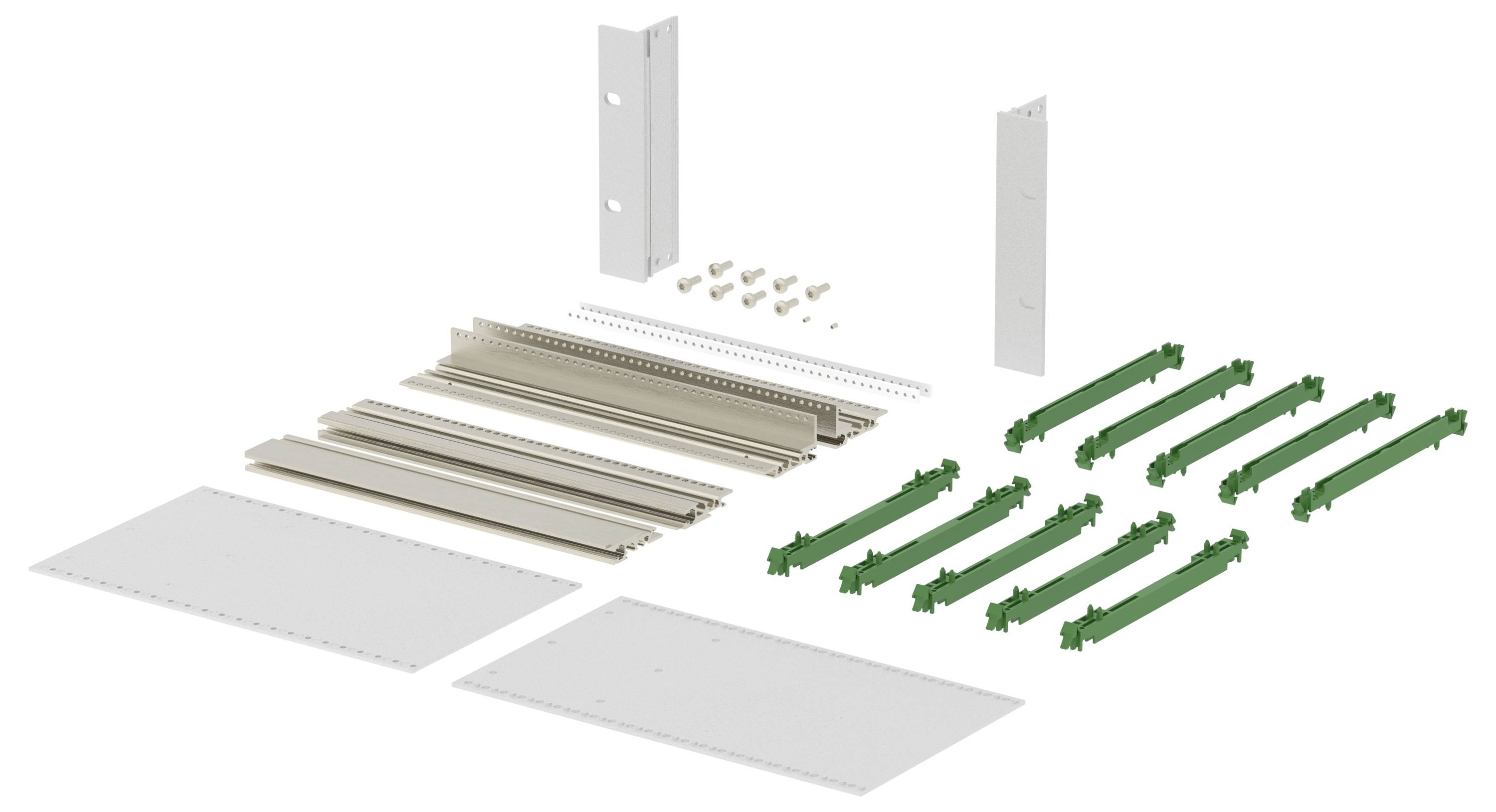 Exploded view of a hardware kit showing metal brackets, perforated strips, panels, green fasteners, and screws arranged for assembly.<br>