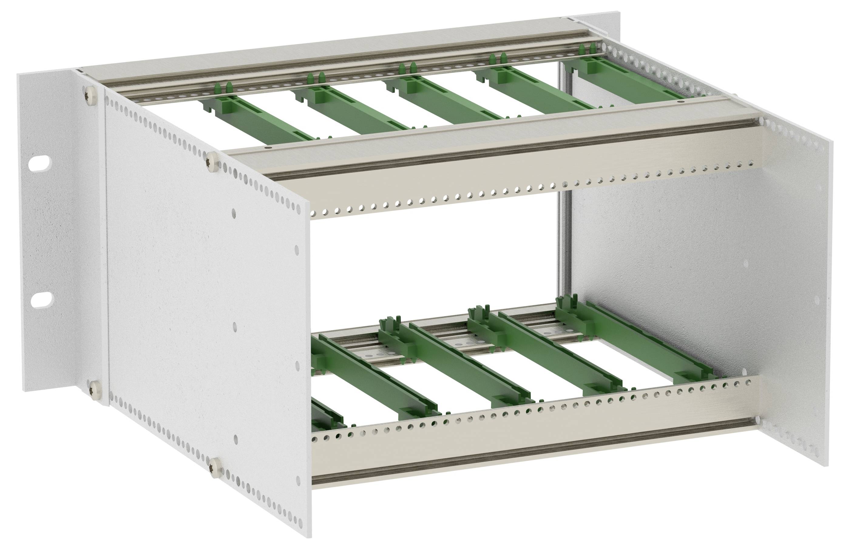 Open metal equipment rack chassis with white side panels and green internal mounting rails, shown in perspective on a white background.