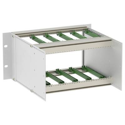 Open metal equipment rack chassis with white side panels and green internal mounting rails, shown in perspective on a white background.