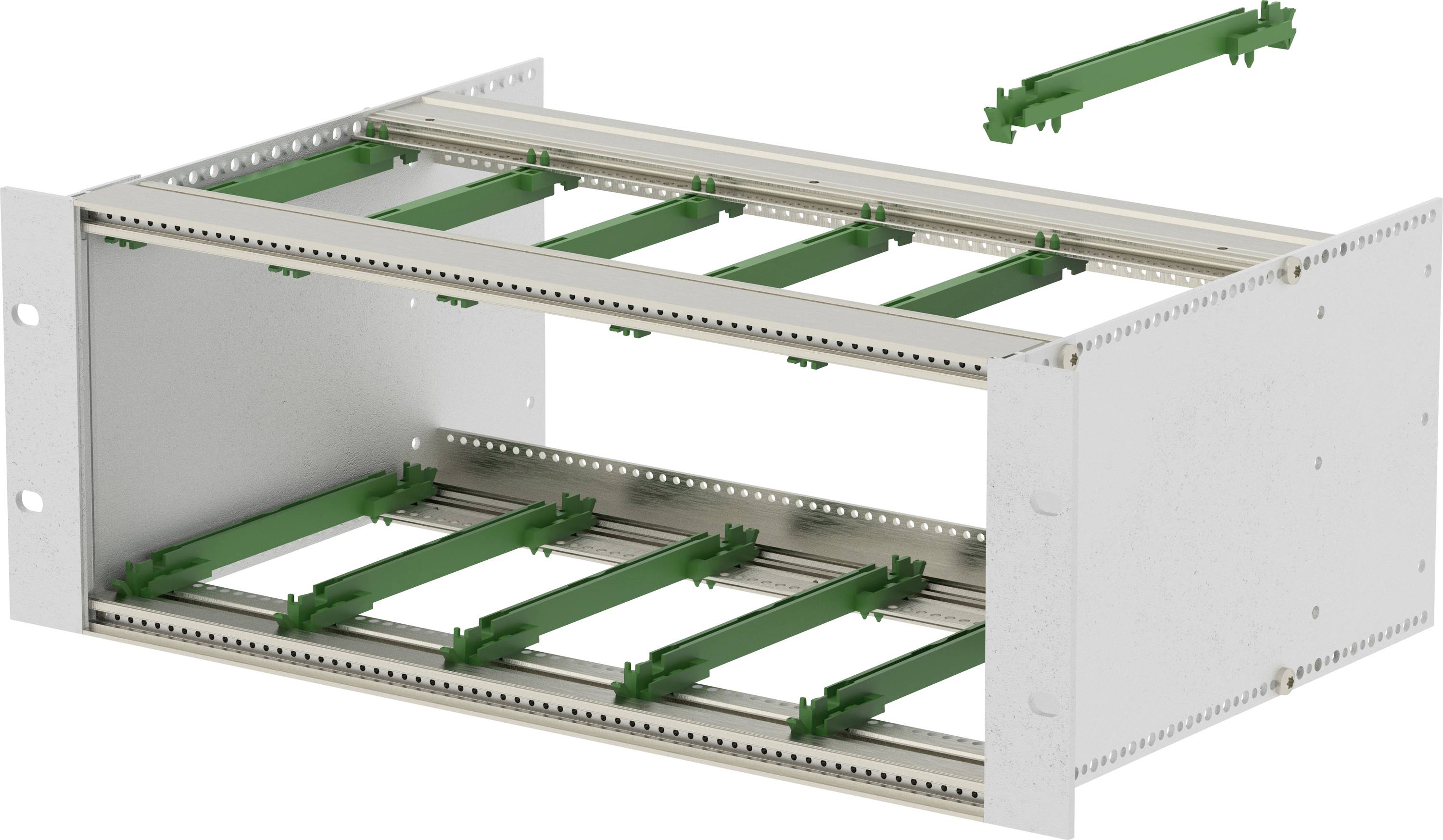 Open white rack cabinet frame with green internal mounting rails and a removable rail piece shown above.