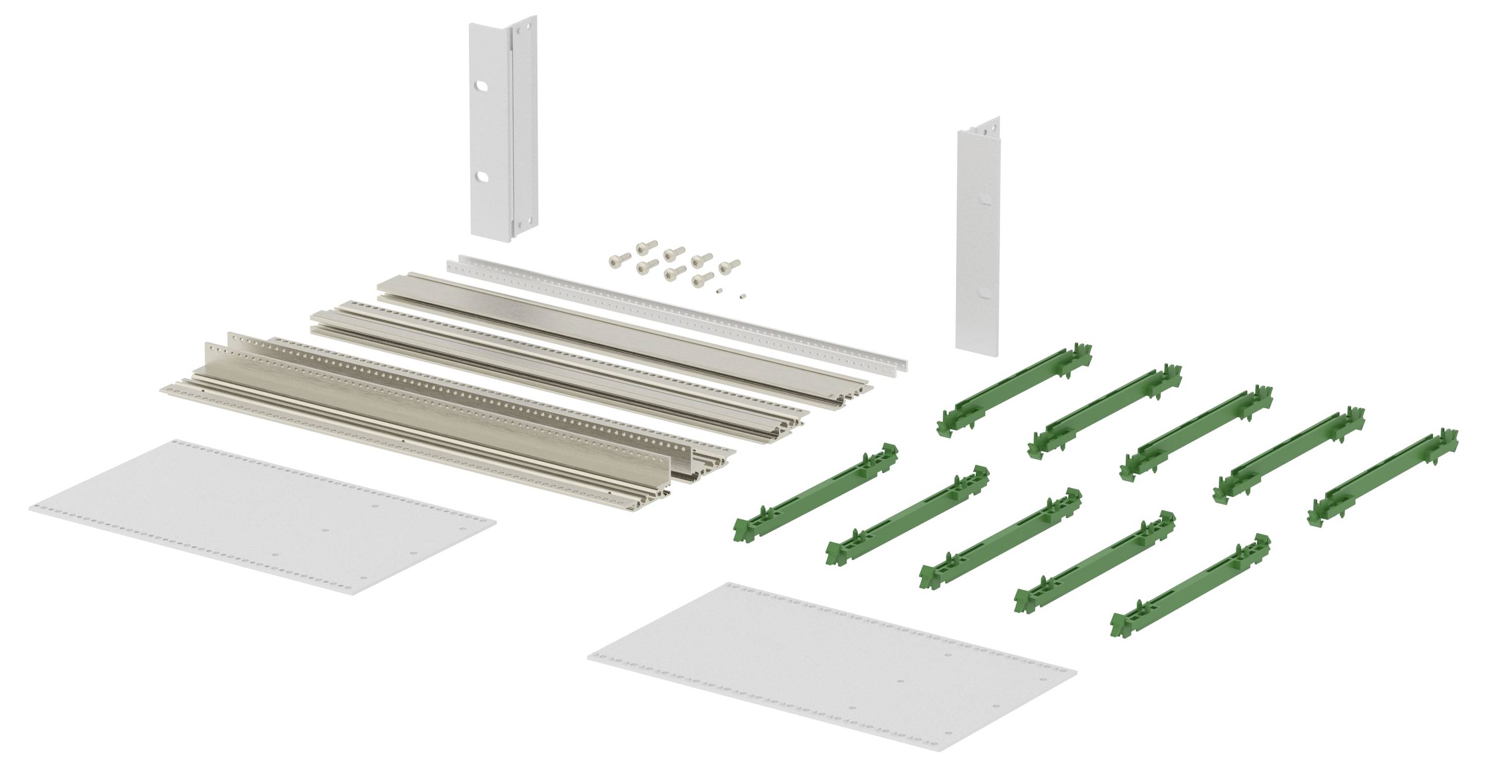 Exploded view of a hardware assembly kit with two white panels, metal rails, brackets, and green mounting clips laid out on a white background.