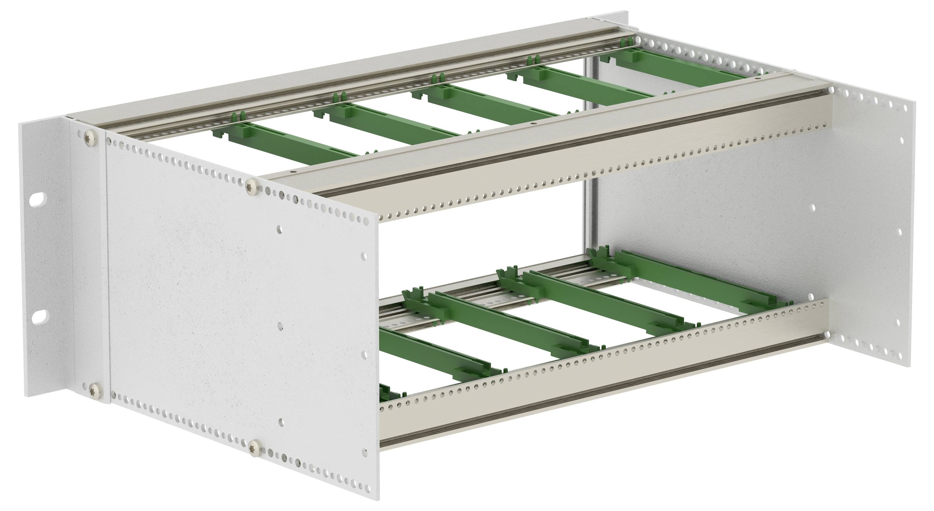 Metal rack-mount chassis with open sides, showing two green internal mounting rails and multiple screw holes, isolated on a white background.