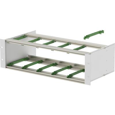 Open metal rack enclosure with two rows of green sliding cable management trays for organizing server or network cables.