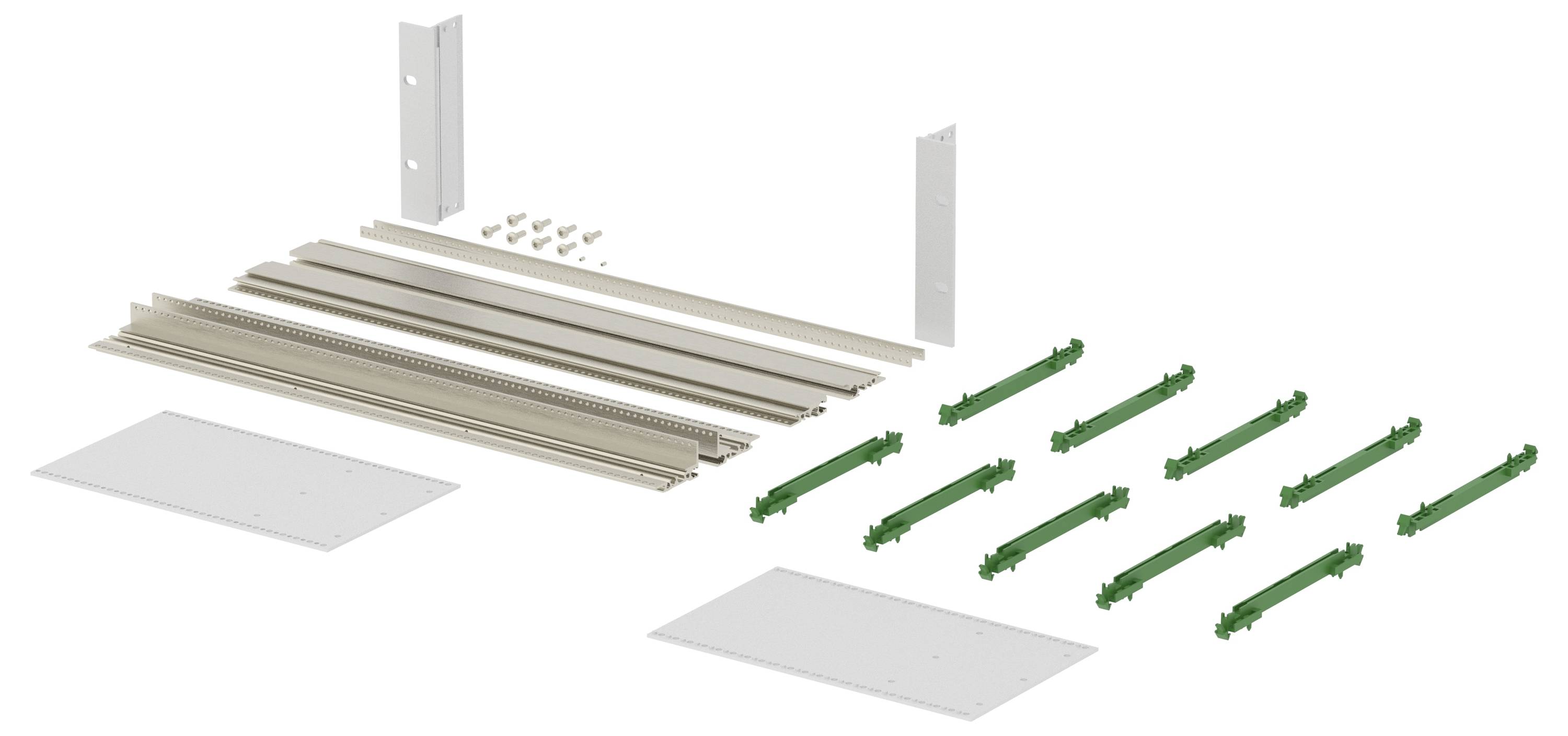 Exploded view of a ceiling lighting fixture assembly with metal channels, mounting brackets, cover plates, and green connectors laid out for installation.