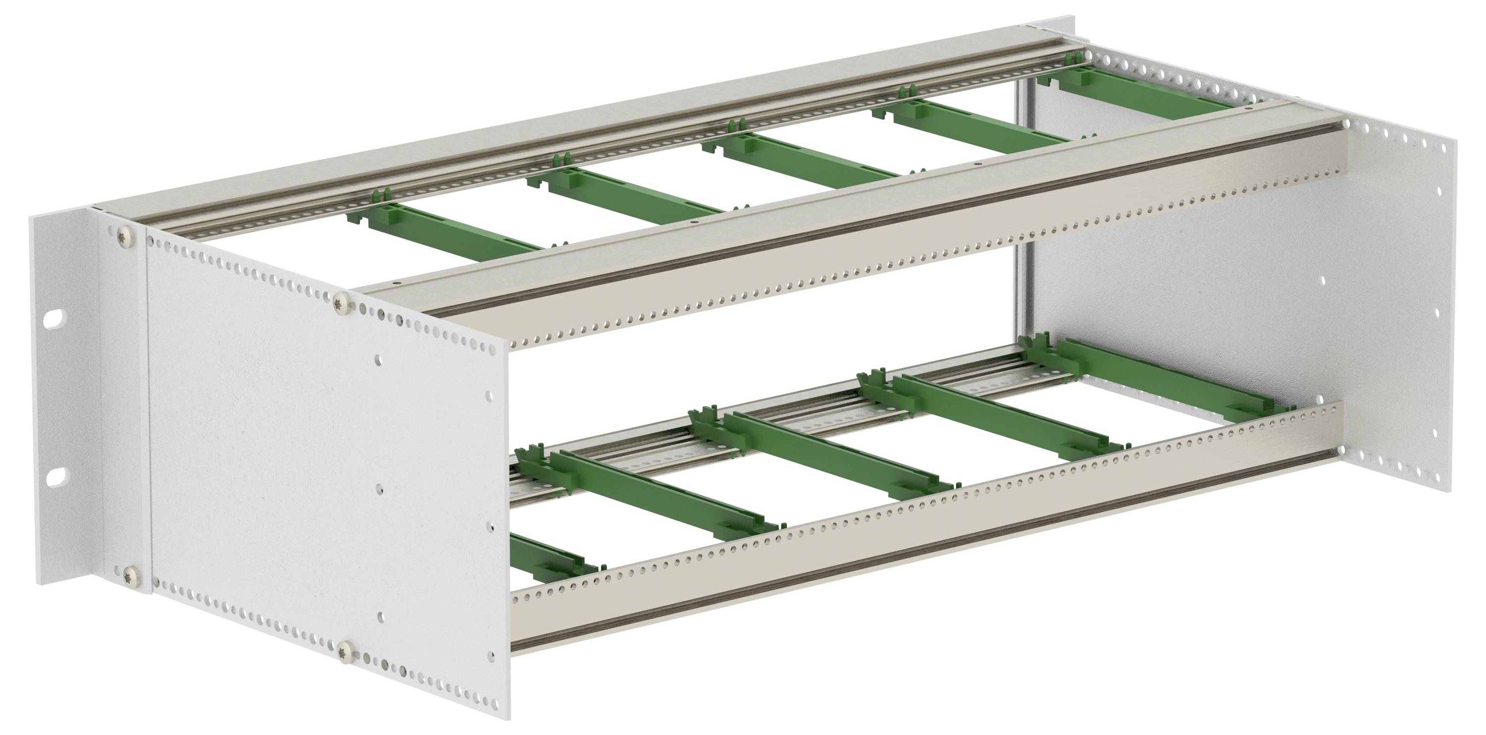 Open metal rack chassis with two shelf levels and green support rails, shown in perspective on a white background.