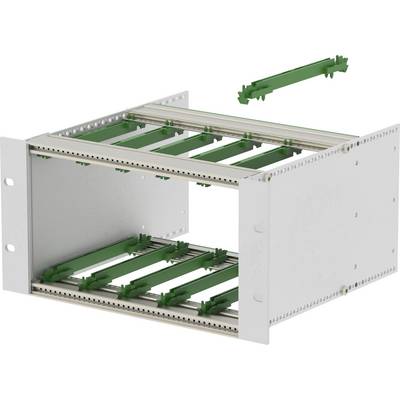 Exploded view of a white metal equipment rack or enclosure with green internal mounting rails and removable top rail shown above.<br>