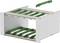 Exploded view of a white metal equipment rack or enclosure with green internal mounting rails and removable top rail shown above.<br>