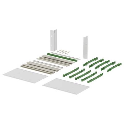 Exploded view of a hardware assembly kit showing metal rails, brackets, green clips, screws, and two rectangular panels<br>