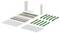 Exploded view of a hardware assembly kit showing metal rails, brackets, green clips, screws, and two rectangular panels<br>