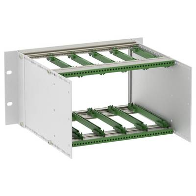 White metal server rack chassis with green mounting rails and two open shelves inside, shown in a three-quarter view.