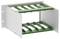 White metal server rack chassis with green mounting rails and two open shelves inside, shown in a three-quarter view.