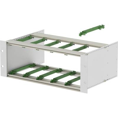 Exploded view of a metal rack frame with two shelves and green support rails, showing how the components fit together.