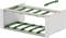 Exploded view of a metal rack frame with two shelves and green support rails, showing how the components fit together.