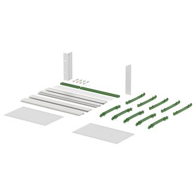 Exploded view of a metal assembly kit with two side panels, long rails, green brackets, and mounting screws laid out in order.<br>