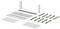 Exploded view of a metal assembly kit with two side panels, long rails, green brackets, and mounting screws laid out in order.<br>