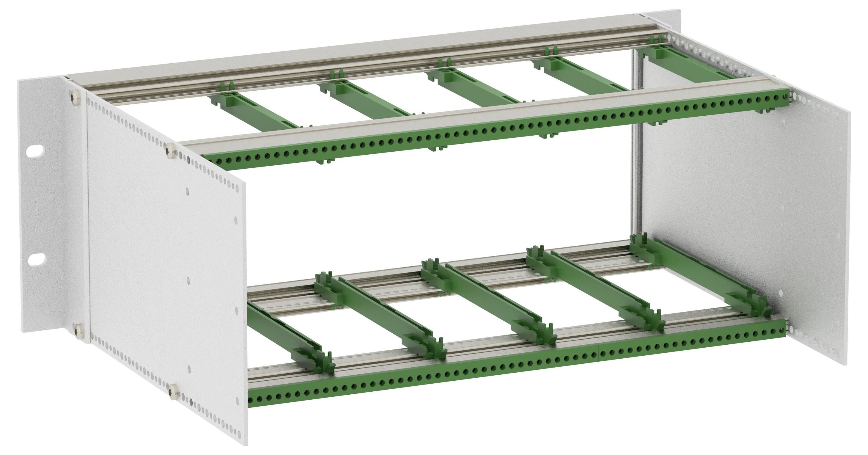 Open metal rack enclosure with side panels and two green sliding shelf rails inside.