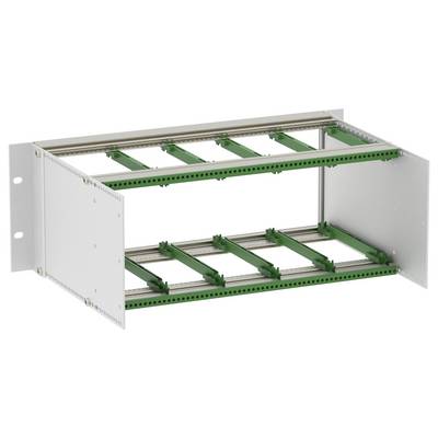 Open metal rack enclosure with side panels and two green sliding shelf rails inside.