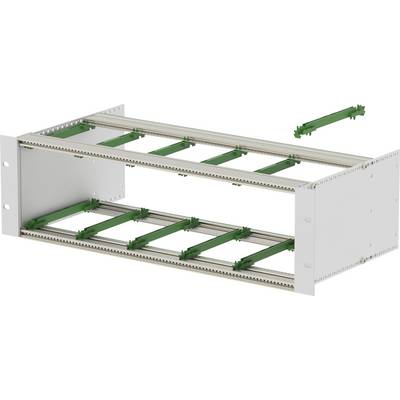 White metal rack frame with green mounting rails inside, shown as an assembly diagram with one loose rail above.<br>