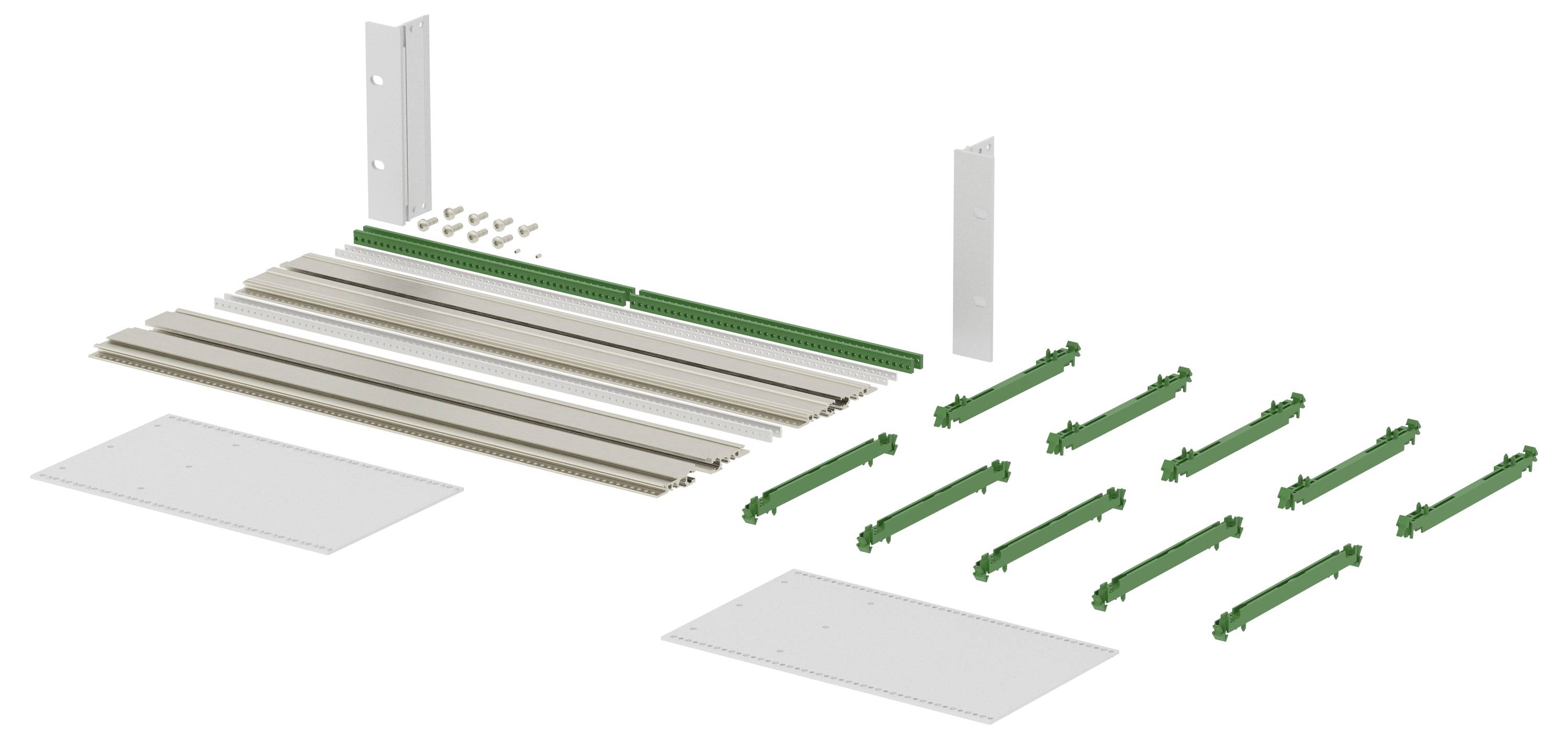 Exploded view of a modular shelving or rack system with metal rails, green connectors, vertical supports, and base plates laid out for assembly.