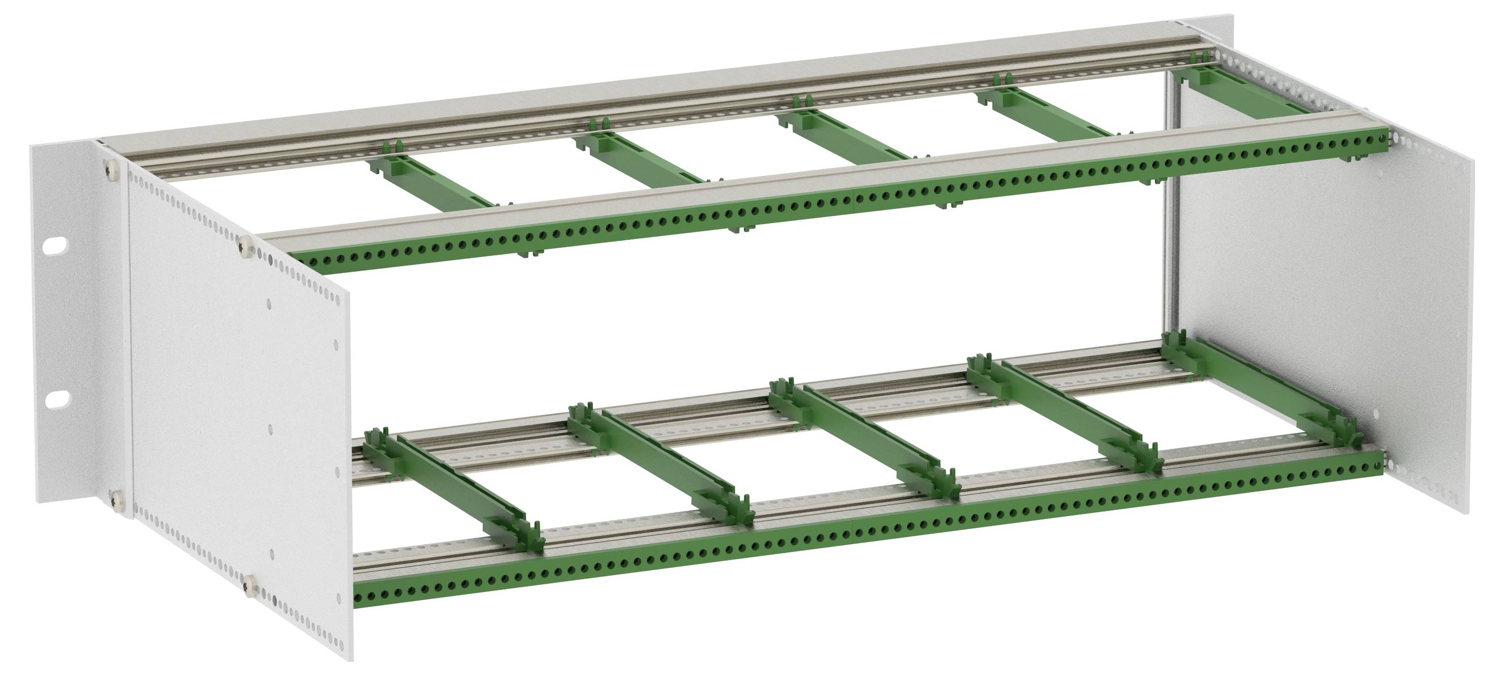 White metal equipment rack frame with green horizontal support rails, shown in perspective on a white background.