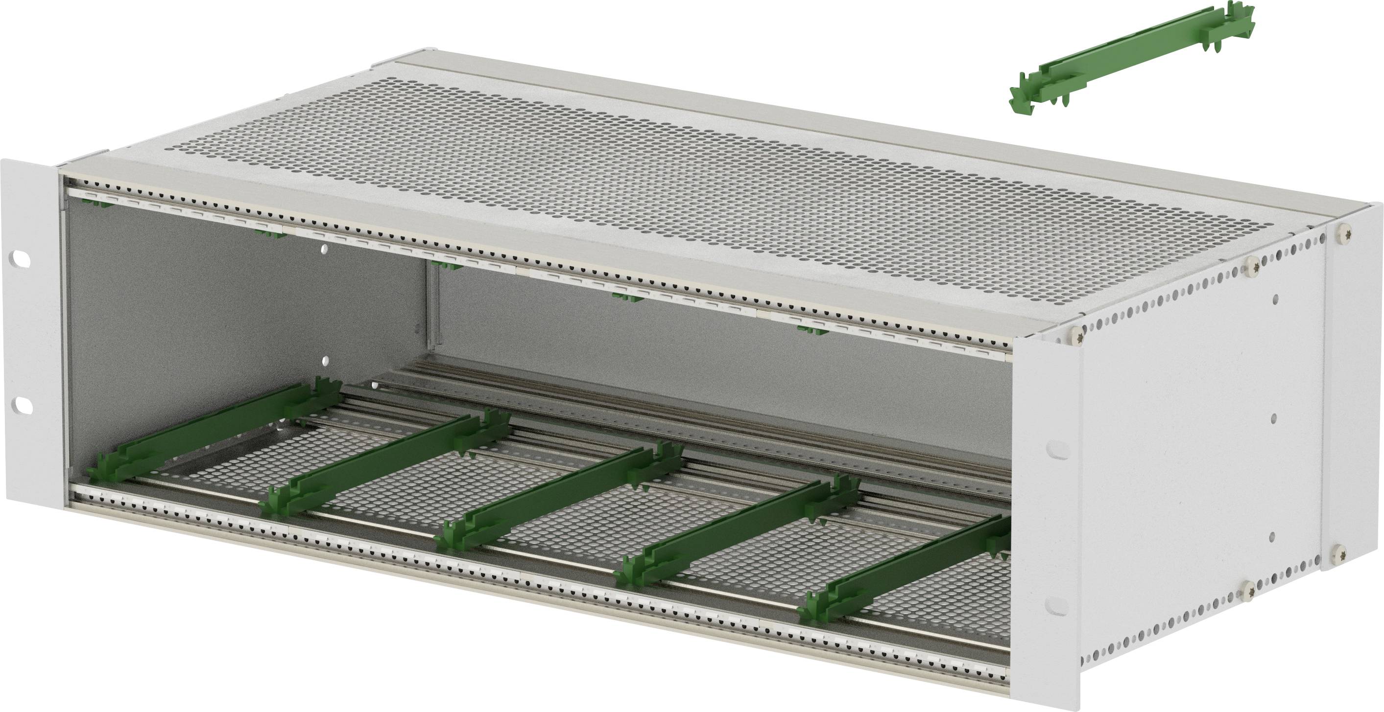 Open metal equipment rack enclosure with perforated top and base rails, shown with green mounting rails inside and one detached rail above.