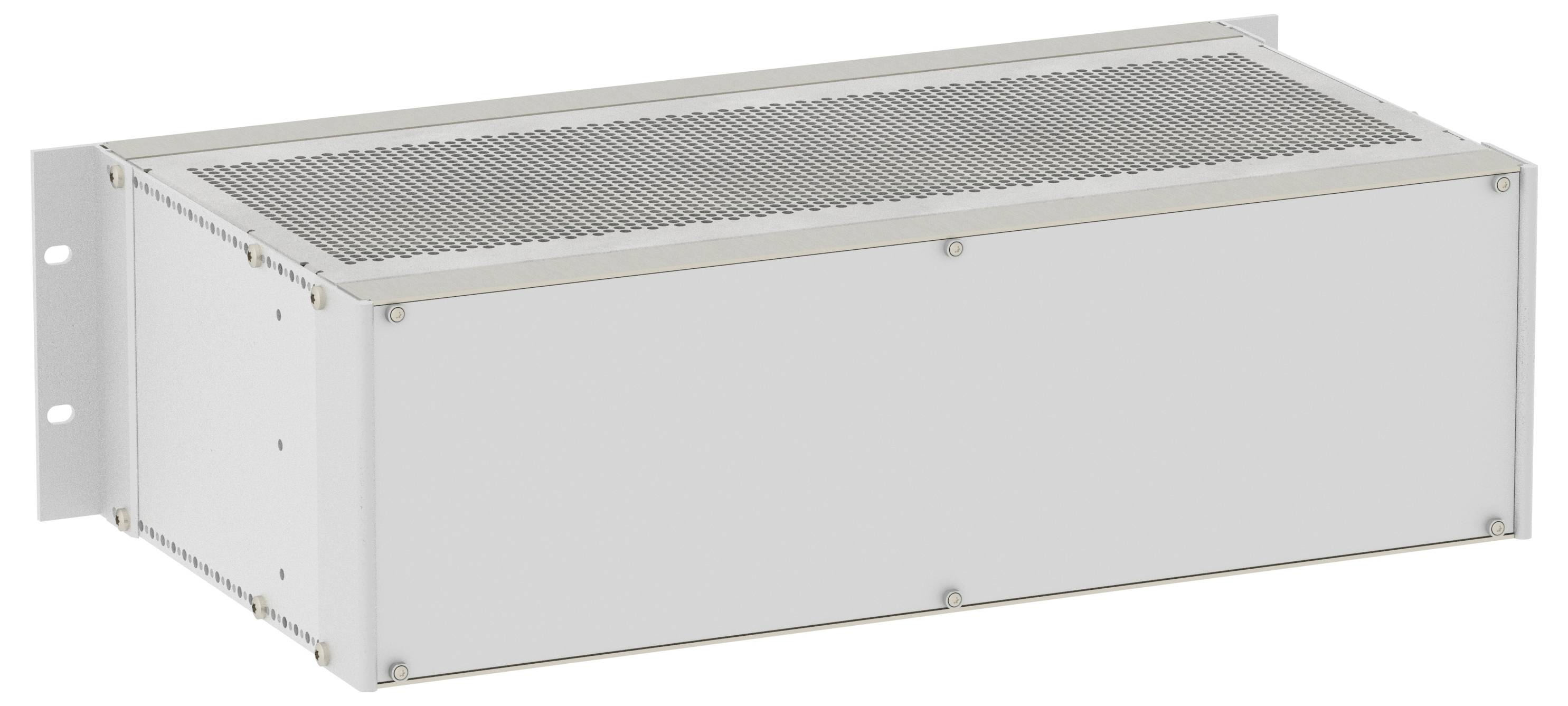 A rectangular white metal ventilation or equipment housing with a perforated top panel and mounting flanges on the left side.<br>