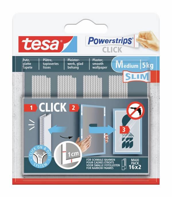 tesa Powerstrips CLICK tesa Powerstrips CLICK Slim - Velcro adhesive pads for attaching and clicking on picture frames and wall decorations without drilling (L x W) 35 mm x 15 mm White Content: 16 Pair