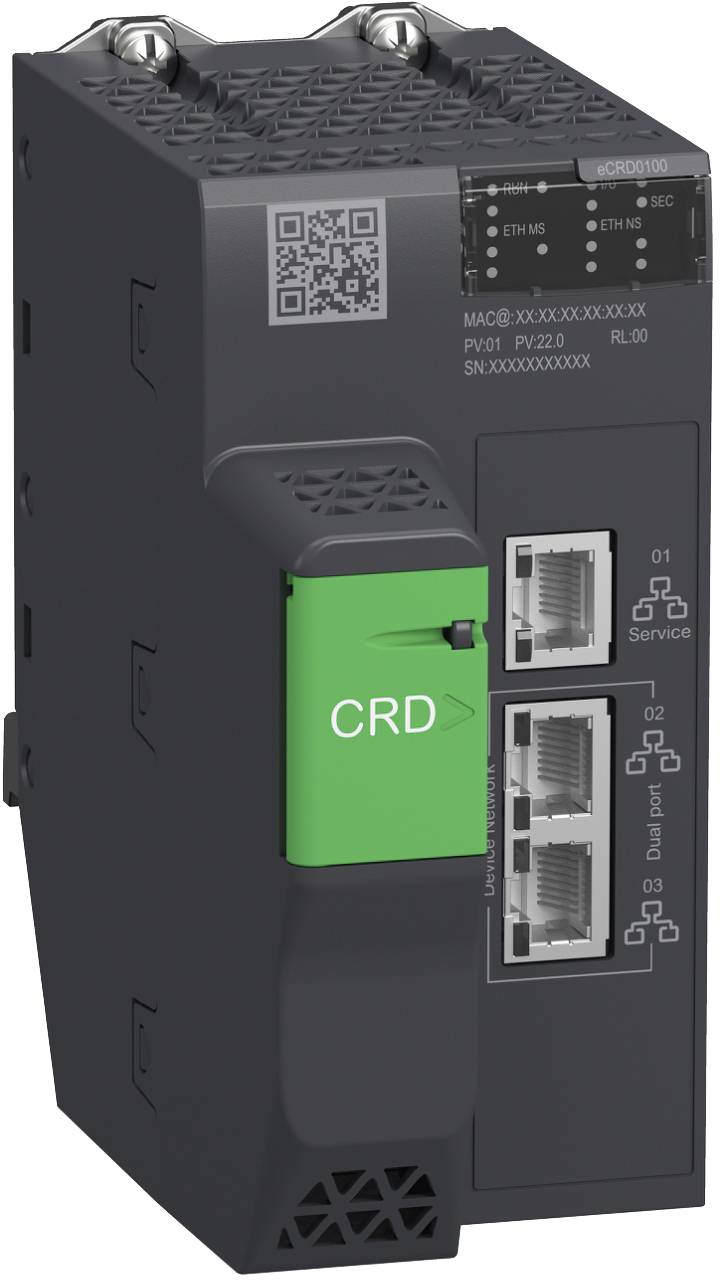 Industrial network device with a green 'CRD' module and three Ethernet ports labeled 01, 02, and 03 on the front panel.