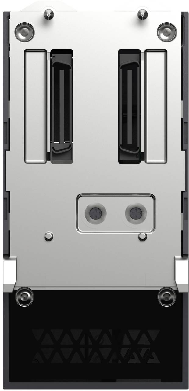 Front view of a metal electronic module with two vertical slots, screws, and a black vented lower section.