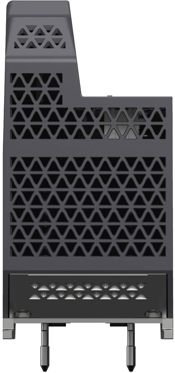Front view of a black rectangular electronic module with a slanted top, vented grille panels, and two bottom connectors or probes.