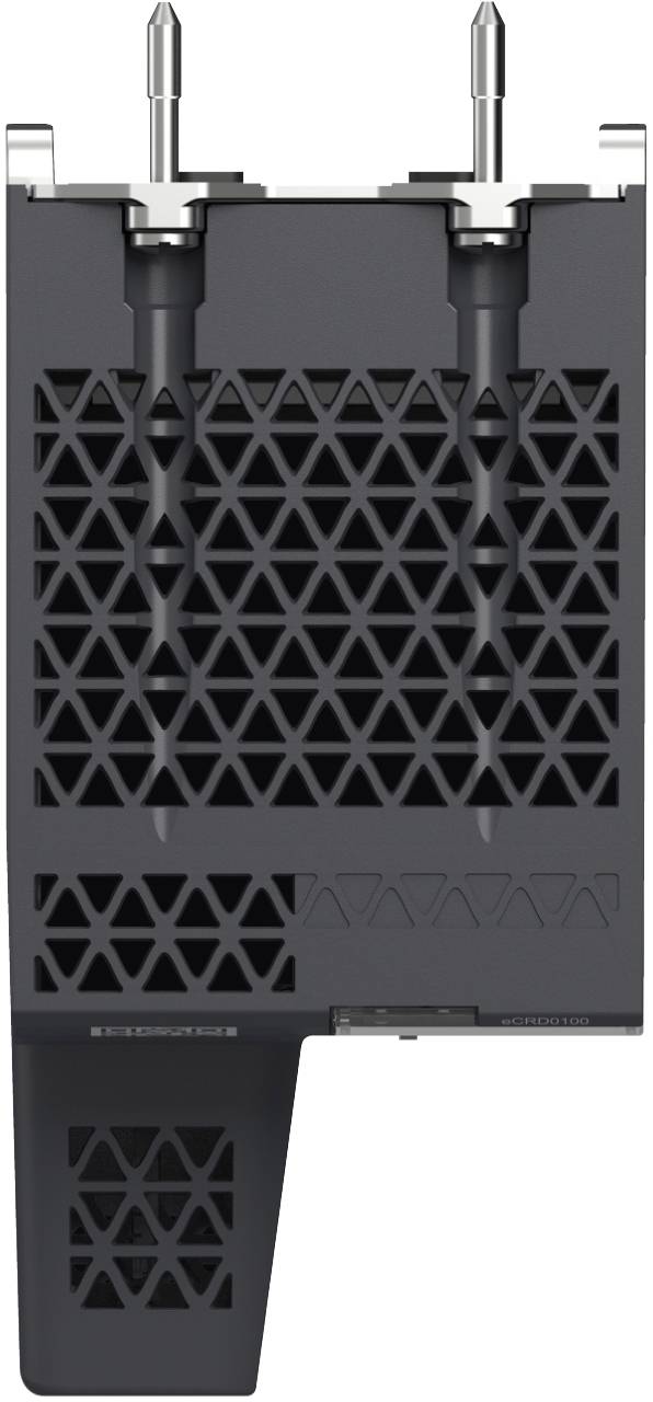 Black electronic component with a large triangular lattice vent pattern and two silver connector posts on top, shown against a white background.