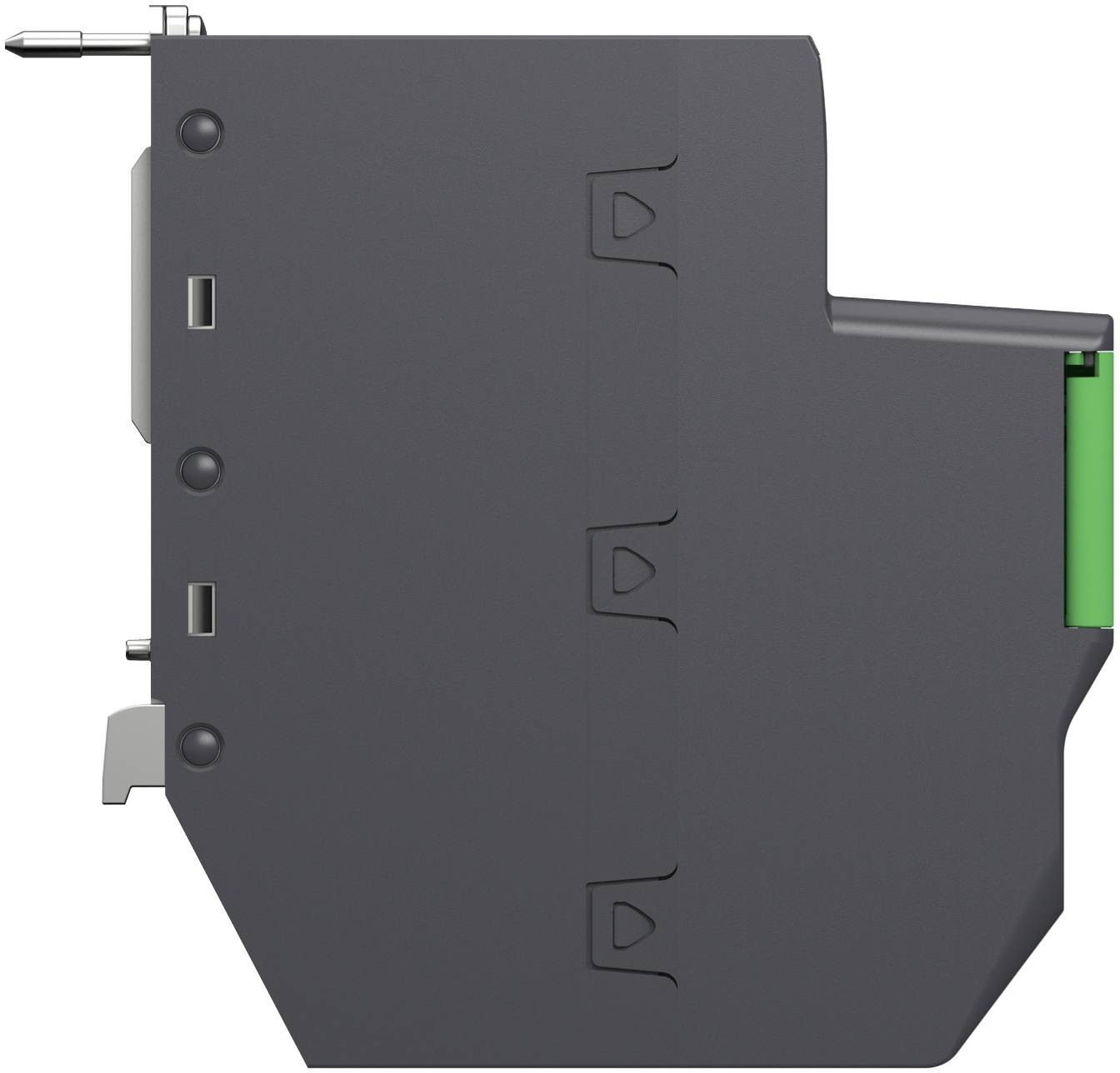 Dark gray electronic connector or relay module with metal pins on the left and a green internal component visible on the right, shown on a white background.
