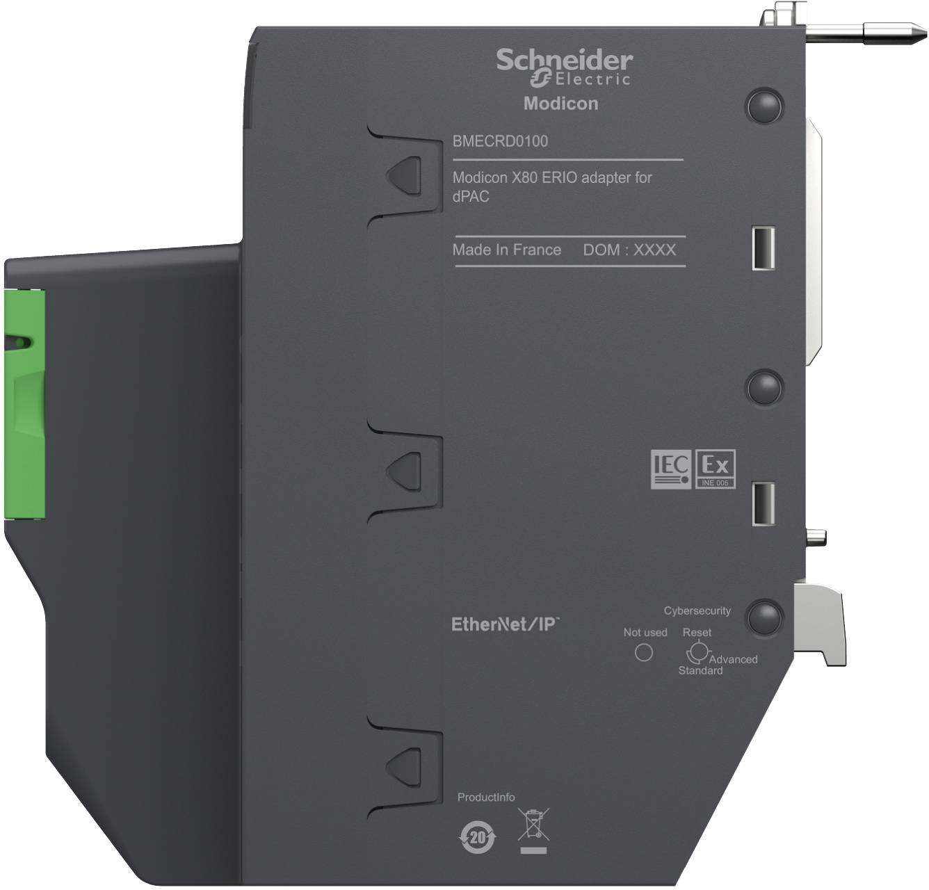 Schneider Electric Modicon X80 ERIO adapter for dPAC module, labeled EtherNet/IP, with industrial connector ports and status markings.