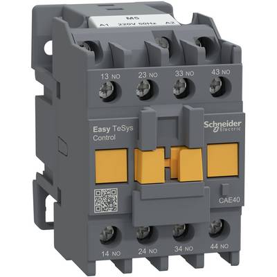 Schneider Electric Easy TeSys Control CAE40 contactor module with four orange push buttons and numbered terminals on a gray industrial device.