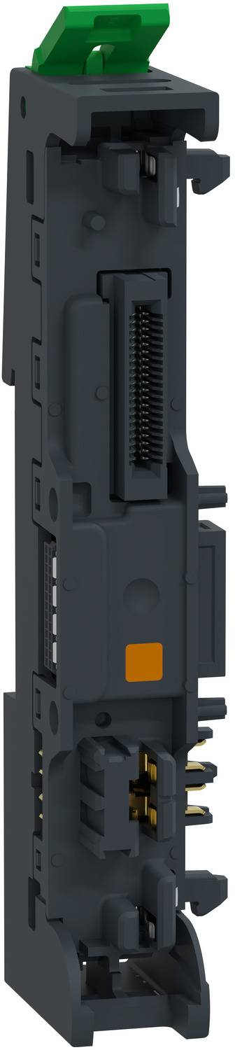 Black electrical connector module with green latch, shown in side view on a white background.
