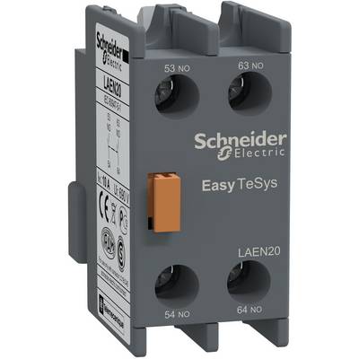 Schneider Electric Easy TeSys LAEN20 auxiliary contact block with four labeled terminals and orange actuator.