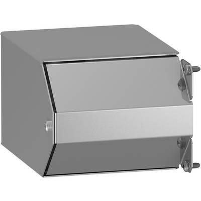 Silver metal electrical enclosure box with a hinged front cover and locking latches on the right side.