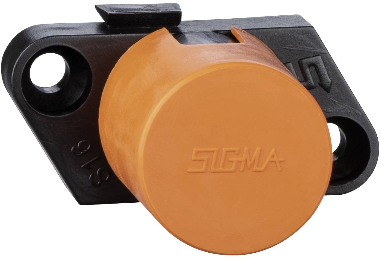 Orange cylindrical Sigma component mounted on a black bracket with two screw holes, shown on a white background.